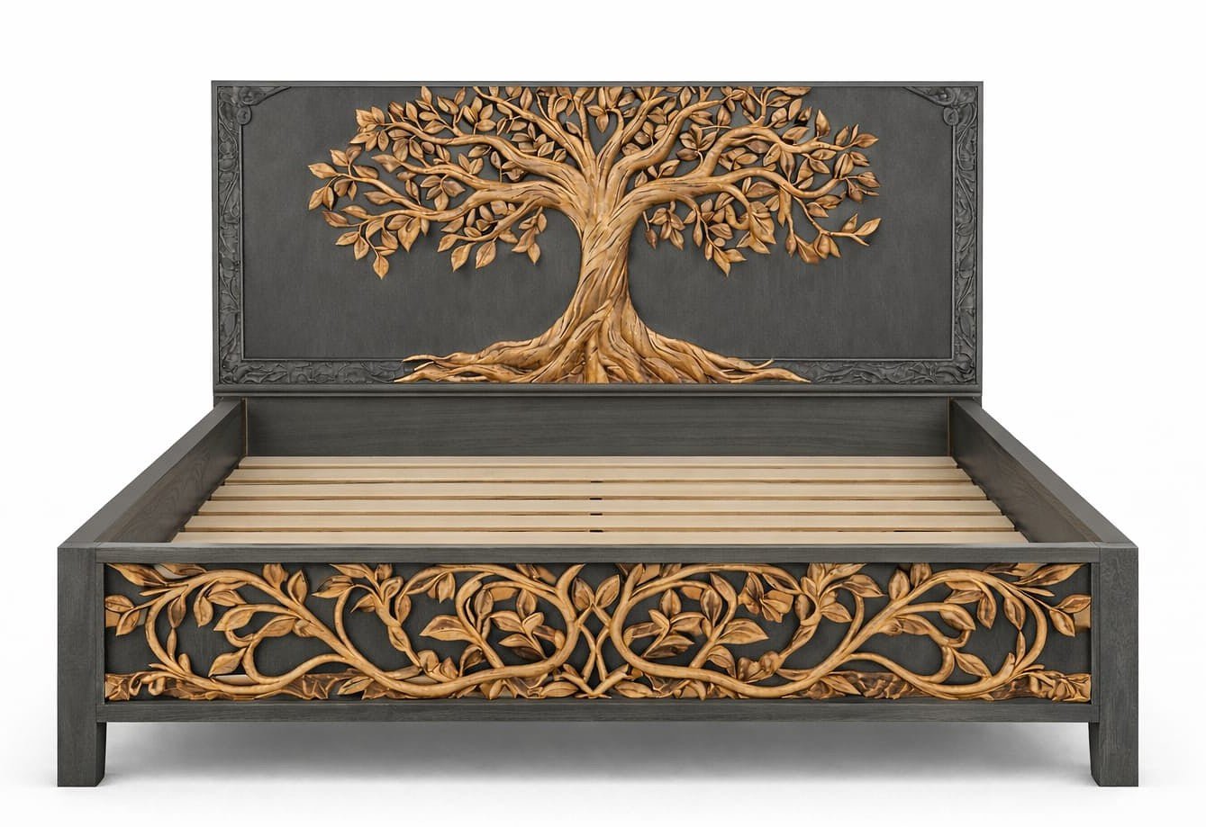 Arbor Vitae Royale™ Hand - Carved Tree of Life Solid Wood Platform Bed / Bed Collection – handcrafted solid wood furniture