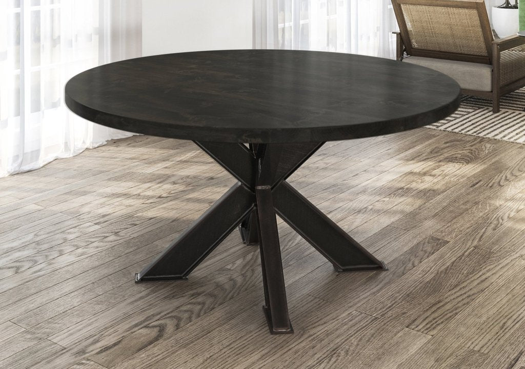 BARAS Round Industrial Steel Pedestal Dining Table – handcrafted solid wood furniture