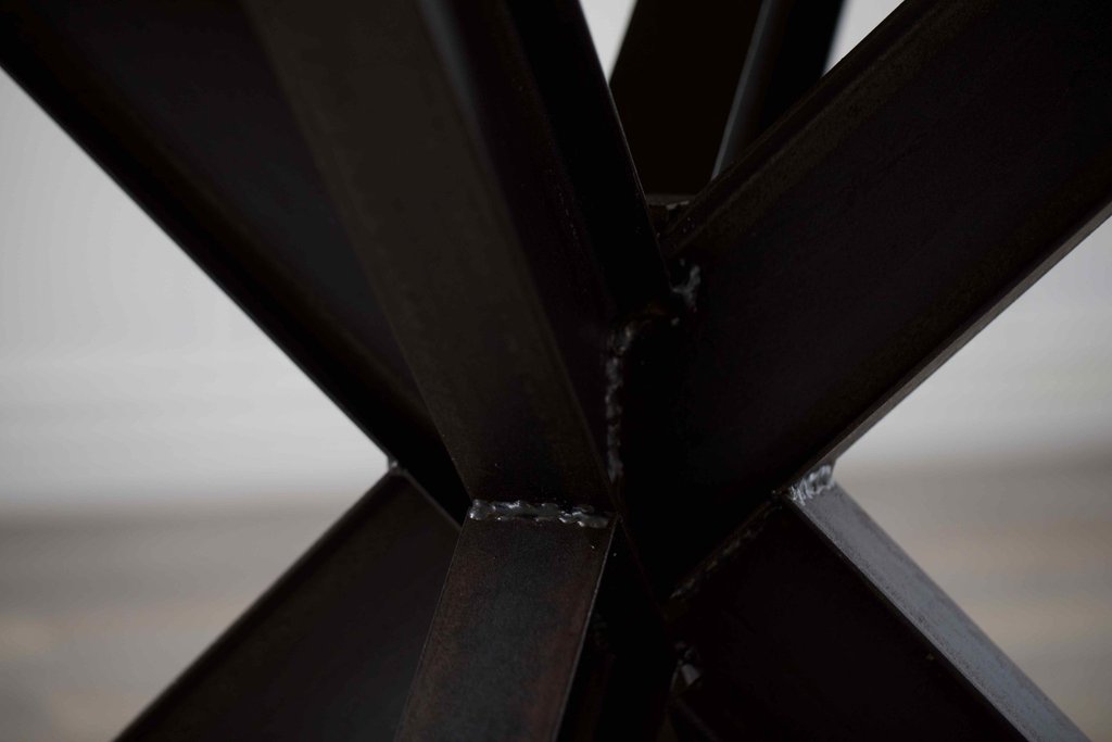 BARAS Round Industrial Steel Pedestal Dining Table – handcrafted solid wood furniture