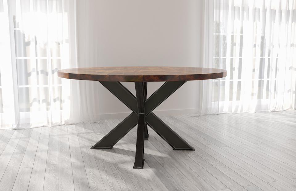 BARAS Round Industrial Steel Pedestal Dining Table – handcrafted solid wood furniture