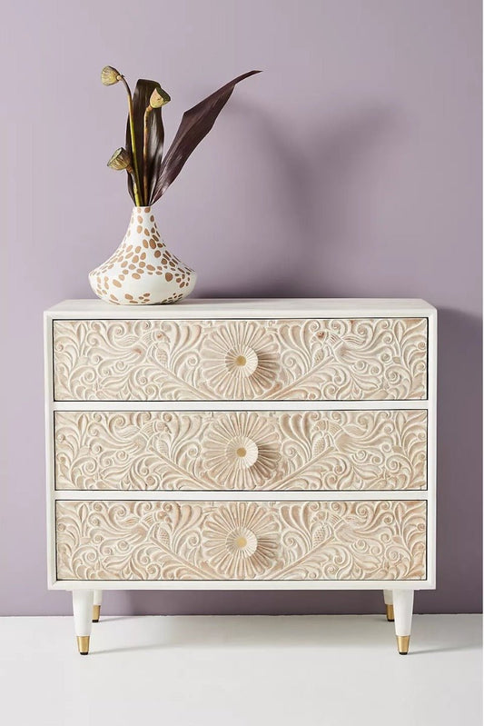 Bohemian Indian Hand carved Three Drawer Dresser – handcrafted solid wood furniture