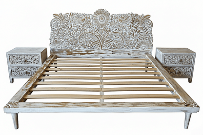 Bohemian Style Hand carved Indian Wooden Floral Platform Bed – handcrafted solid wood furniture