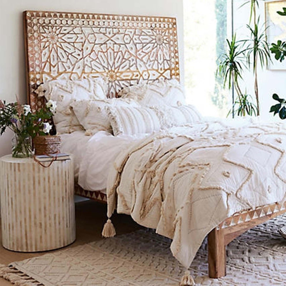 Bone Inlay Drum End & Side Tables - Strips, Large – handcrafted solid wood furniture