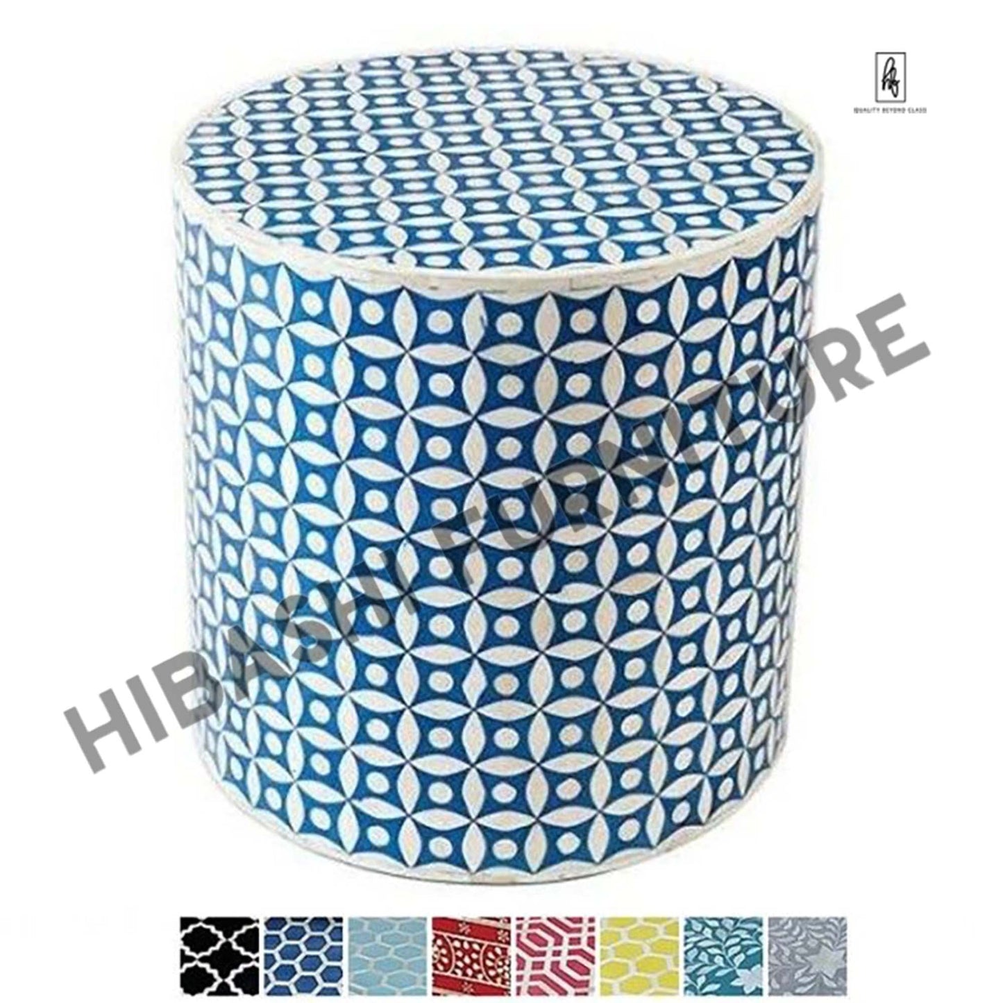 Bone Inlay Geometry Design Round Side Table – handcrafted solid wood furniture