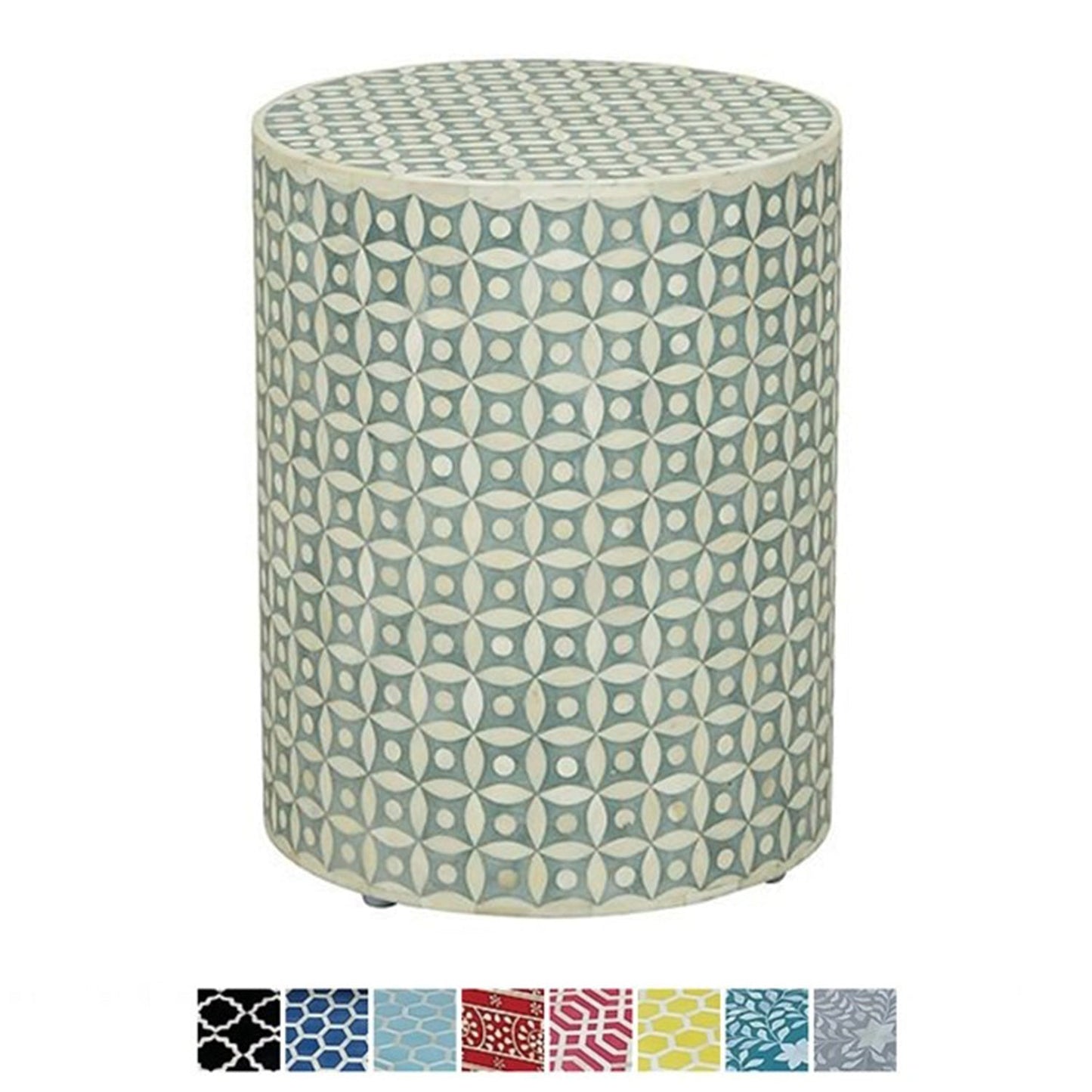 Bone Inlay Geometry Design Round Side Table – handcrafted solid wood furniture