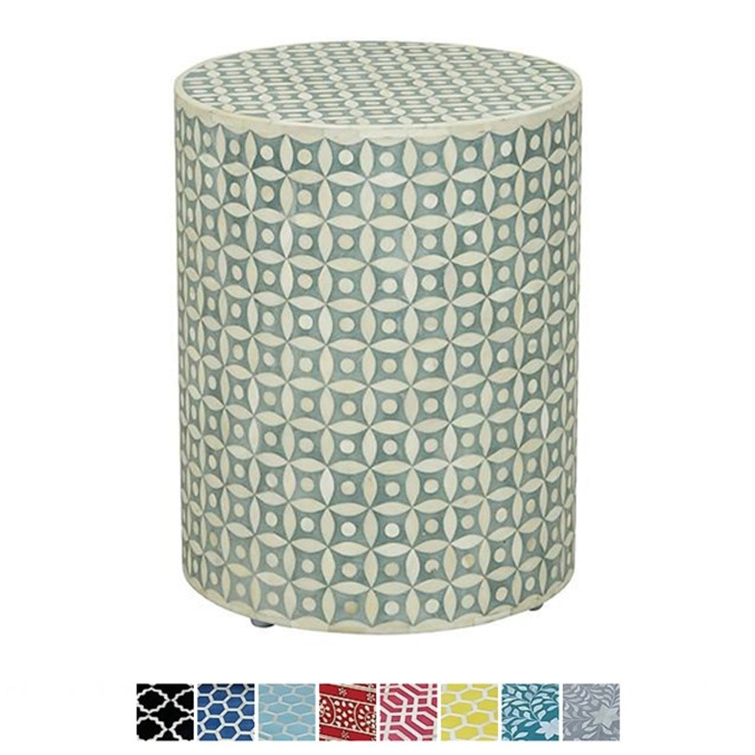 Bone Inlay Geometry Design Round Side Table – handcrafted solid wood furniture