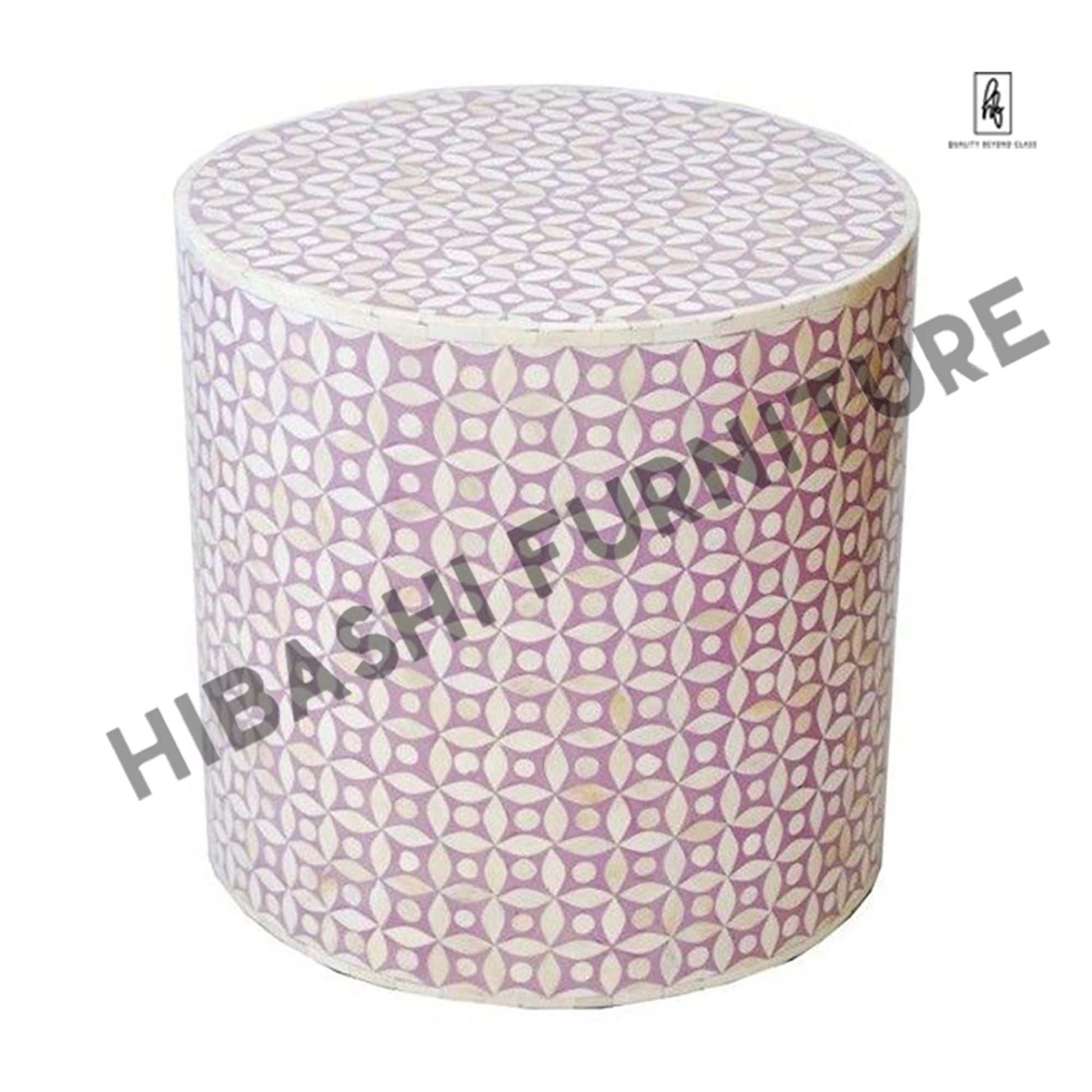 Bone Inlay Geometry Design Round Side Table – handcrafted solid wood furniture