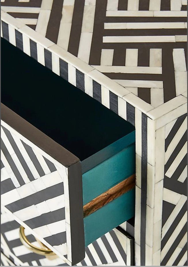 Bone Inlay Handmade 3 Drawer Black and white Entryway / Bedside – handcrafted solid wood furniture