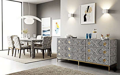 Bone Inlay Handmade Dresser of Drawer Black and white color with 9 drawers—handcrafted solid wood furniture