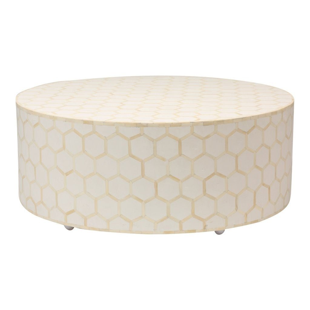 Bone Inlay Honeycomb Round Coffee Table – handcrafted solid wood furniture