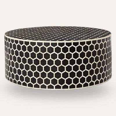 Bone Inlay Honeycomb Round Coffee Table – handcrafted solid wood furniture