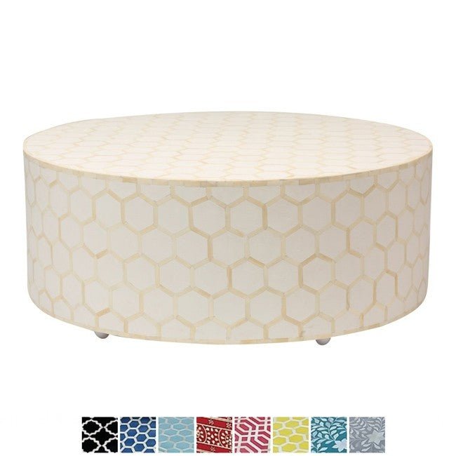 Bone Inlay Honeycomb Round Coffee Table – handcrafted solid wood furniture