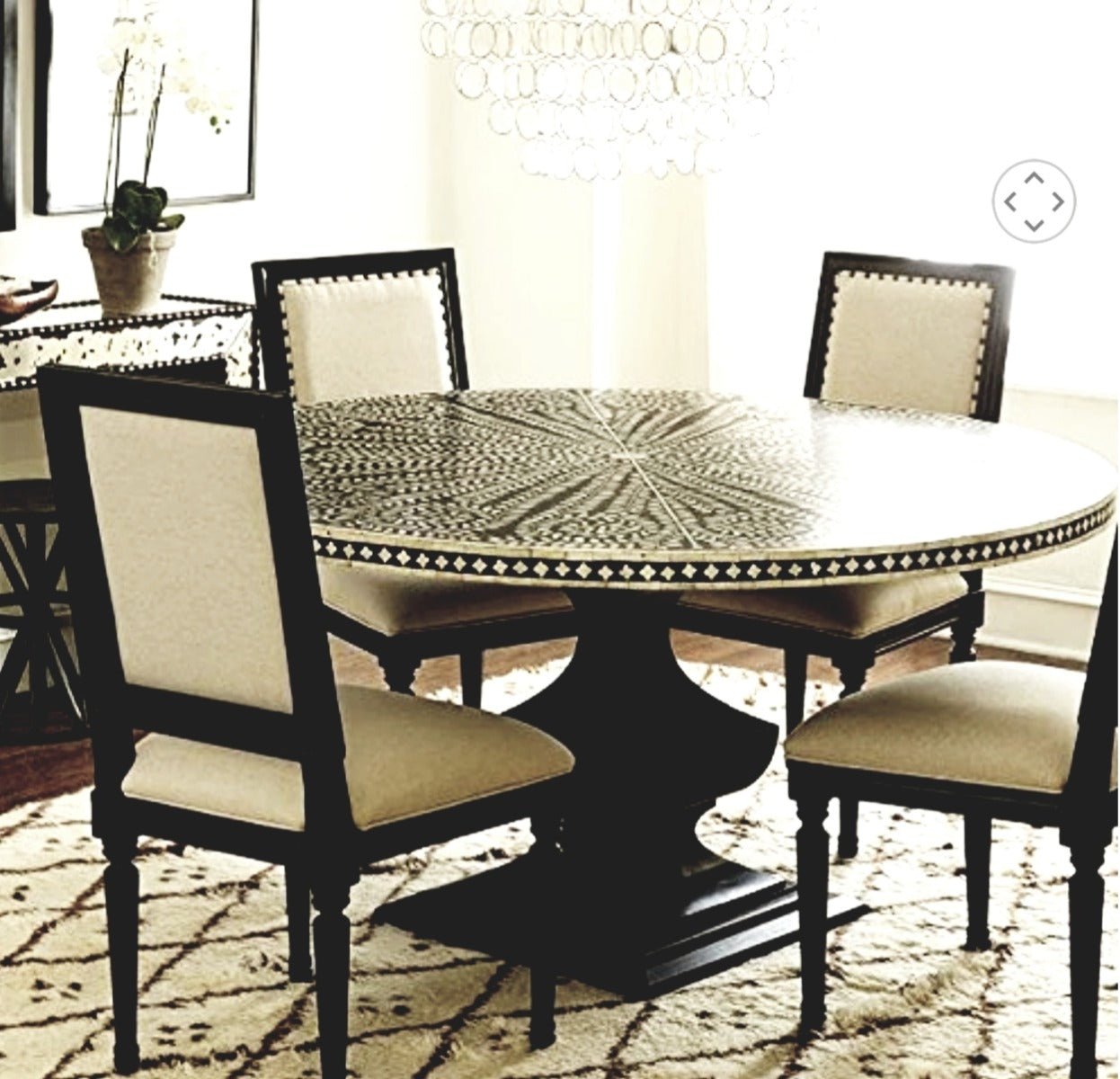 Bone Inlay Round and Circular Dining Table with Floral Design – handcrafted solid wood furniture