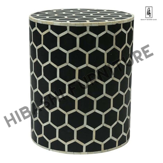 BONE INLAY ROUND DRUM SIDE TABLE HONYCOMB - LARGE – handcrafted solid wood furniture
