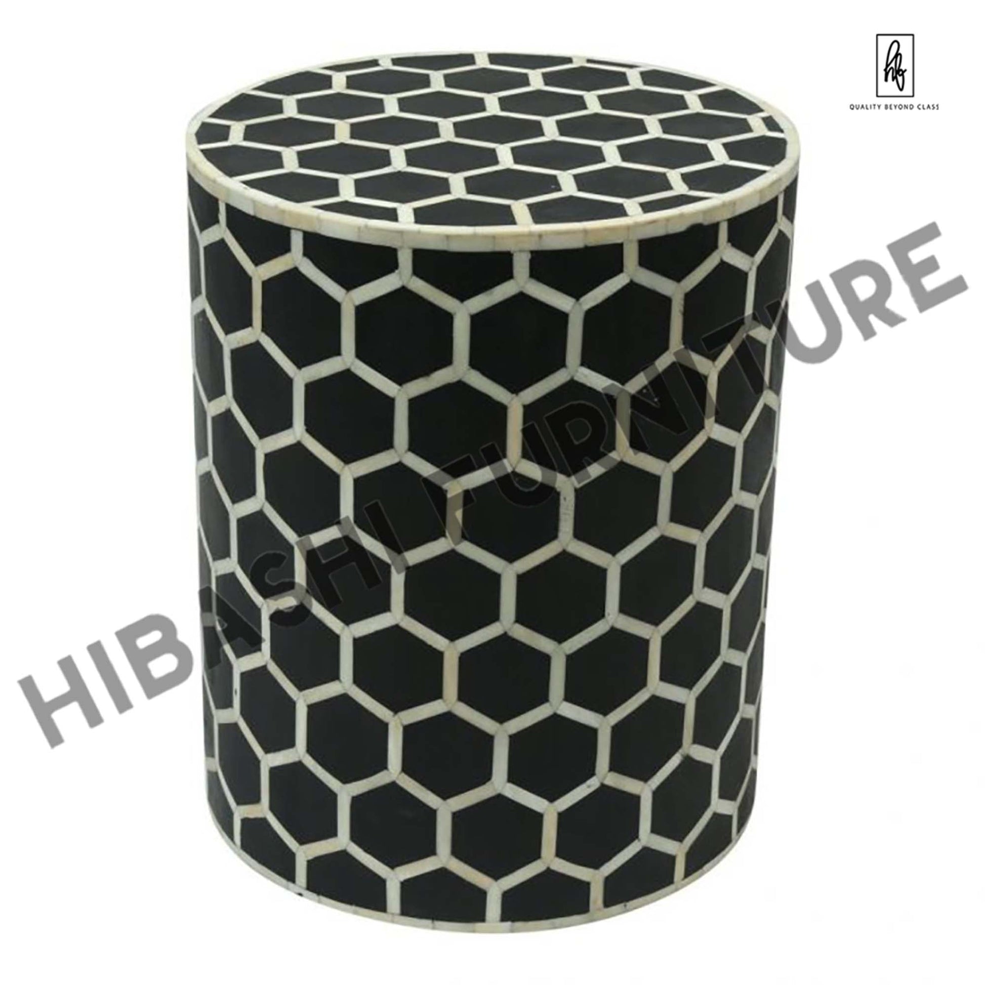 BONE INLAY ROUND DRUM SIDE TABLE HONYCOMB - LARGE – handcrafted solid wood furniture