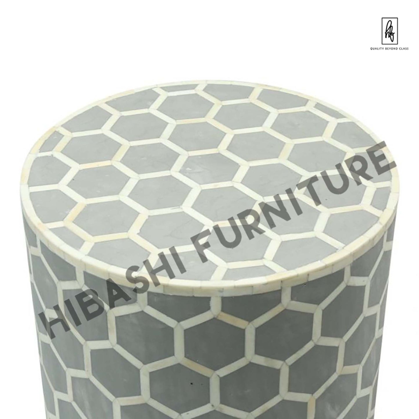 BONE INLAY ROUND DRUM SIDE TABLE HONYCOMB - LARGE – handcrafted solid wood furniture