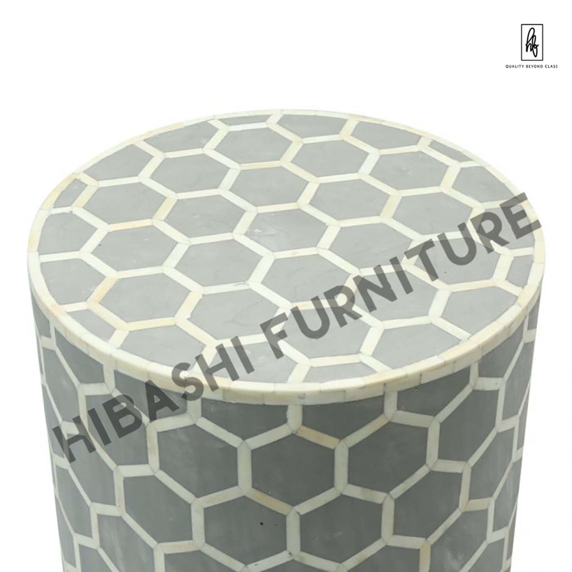 BONE INLAY ROUND DRUM SIDE TABLE HONYCOMB - LARGE – handcrafted solid wood furniture