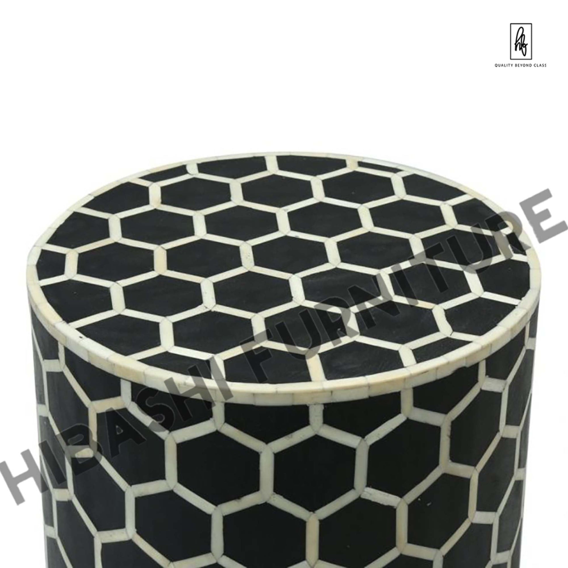 BONE INLAY ROUND DRUM SIDE TABLE HONYCOMB - LARGE – handcrafted solid wood furniture