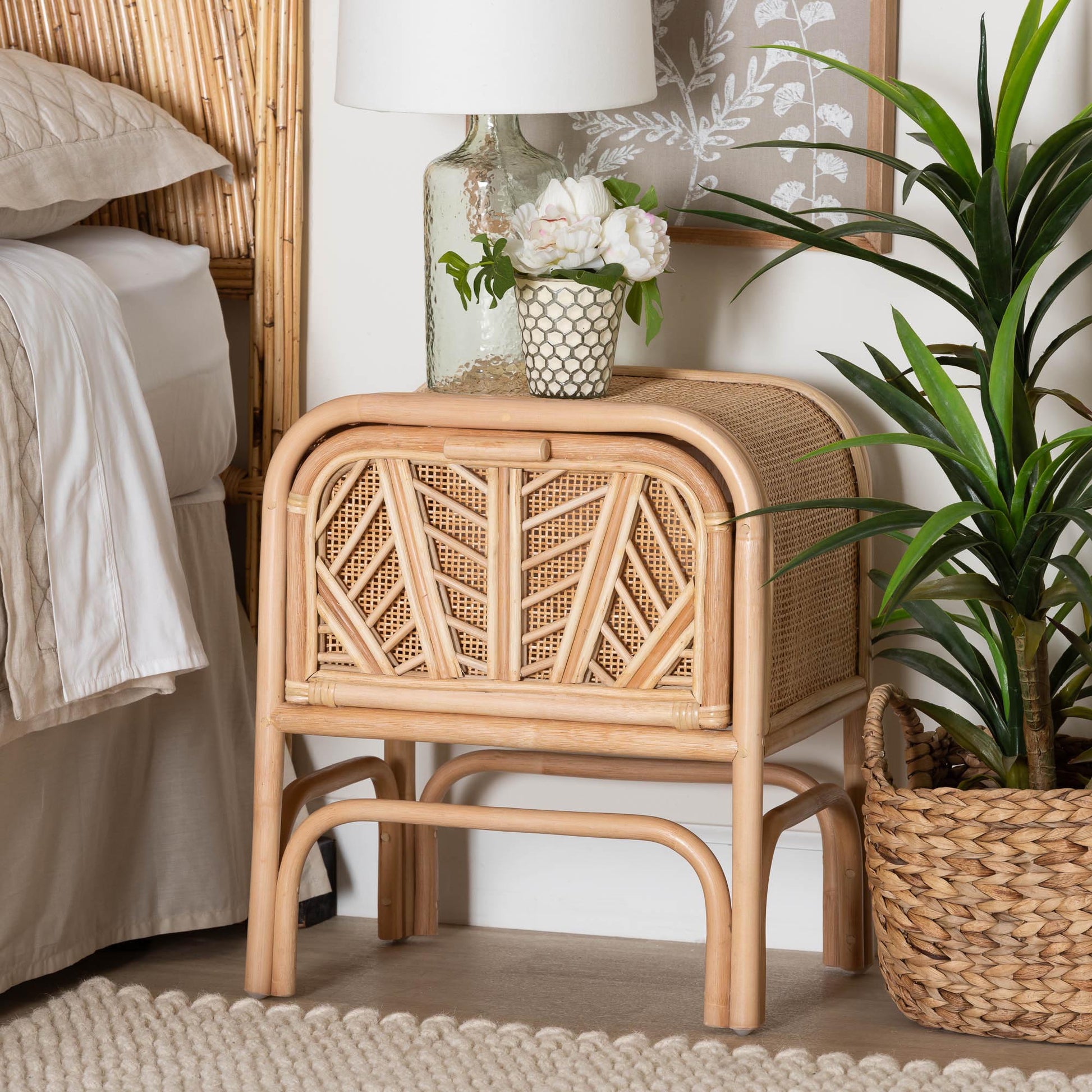 Calvin & Bay Natural Bohemian Rattan 1 Drawer Bedside / Nightstand – handcrafted solid wood furniture