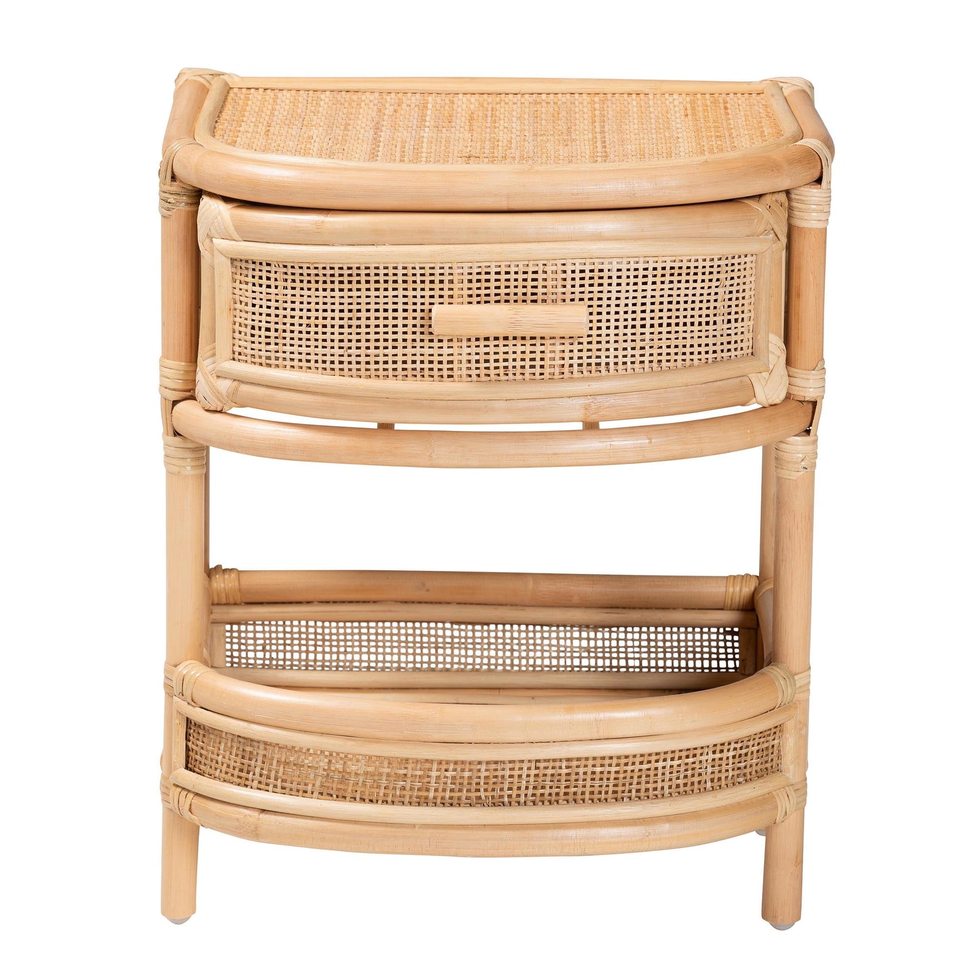 Calvin & Bay Natural Bohemian Rattan 1 Drawer with Open Shelf Bedside / Nightstand – handcrafted solid wood furniture