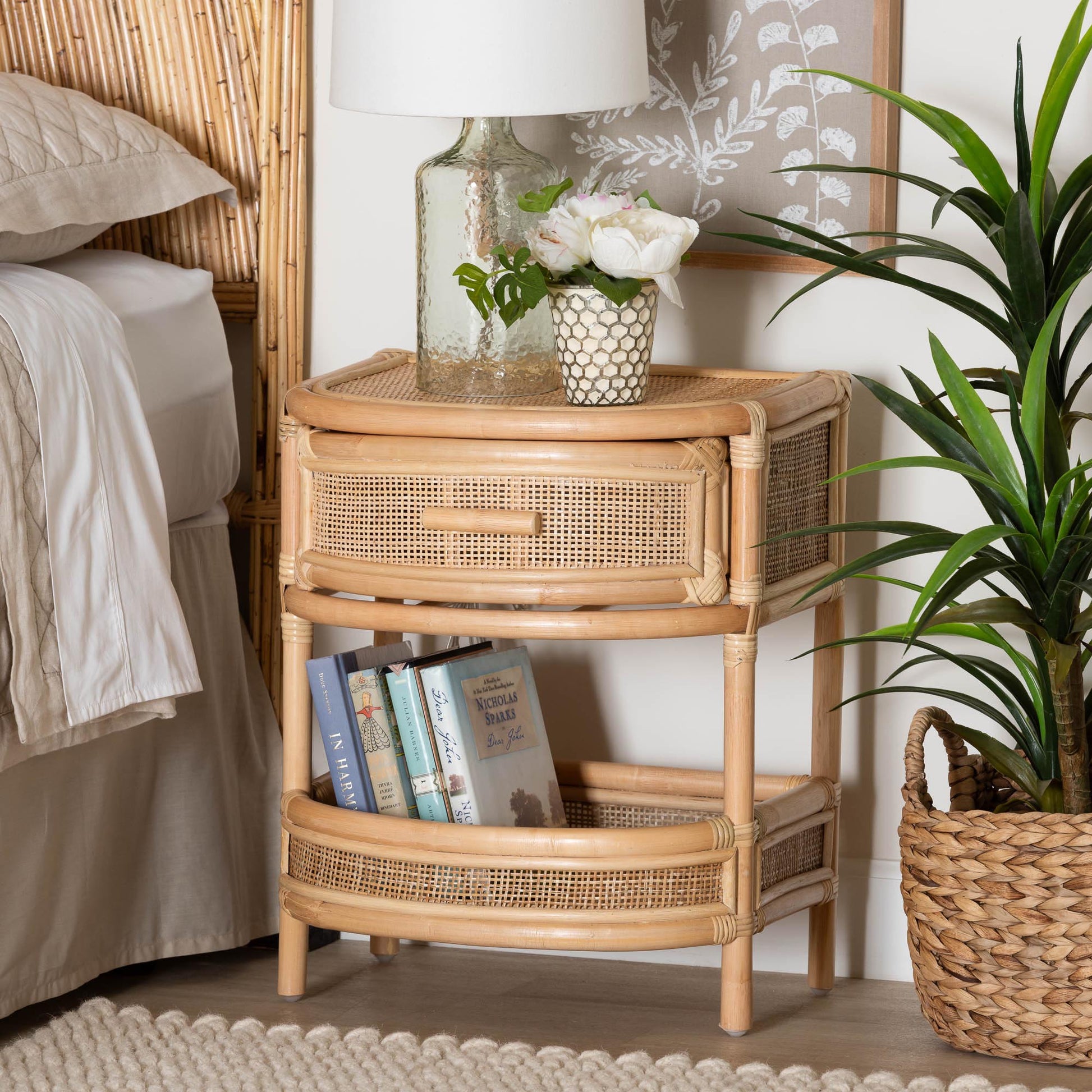 Calvin & Bay Natural Bohemian Rattan 1 Drawer with Open Shelf Bedside / Nightstand – handcrafted solid wood furniture