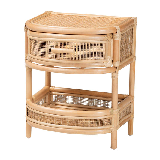 Calvin & Bay Natural Bohemian Rattan 1 Drawer with Open Shelf Bedside / Nightstand – handcrafted solid wood furniture