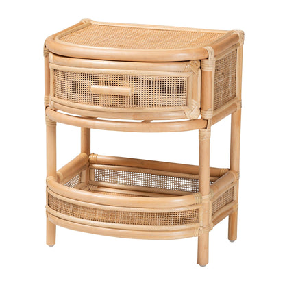 Calvin & Bay Natural Bohemian Rattan 1 Drawer with Open Shelf Bedside / Nightstand – handcrafted solid wood furniture