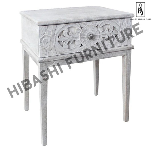CLARITA Hand Carved Single Drawer Nightstand – handcrafted solid wood furniture