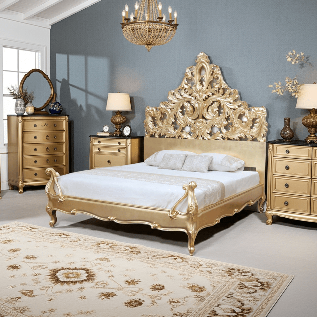 Crown Gold Leaf Hand Carved Bed Frame – handcrafted solid wood furniture