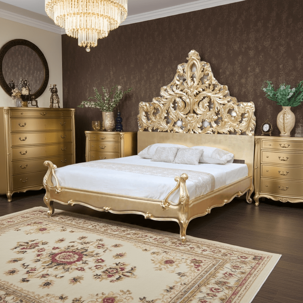 Crown Gold Leaf Hand Carved Bed Frame – handcrafted solid wood furniture