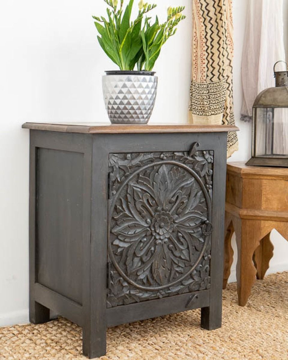 DAHLIA MIndian Wooden Hand Carved Bedside Cabinet – handcrafted solid wood furniture