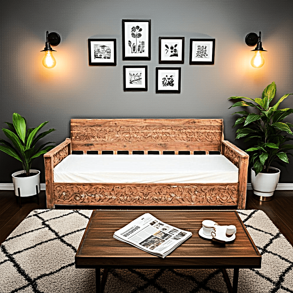 Dalia Hand Carved Indian Solid Wooden Daybed by Hibashi Furniture – handcrafted solid wood furniture made in India