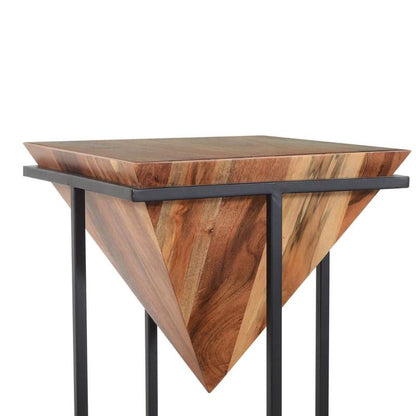 DAPITAN Pyramid Shape Wooden Side Table With Cross Metal Base Accent Table – handcrafted solid wood furniture