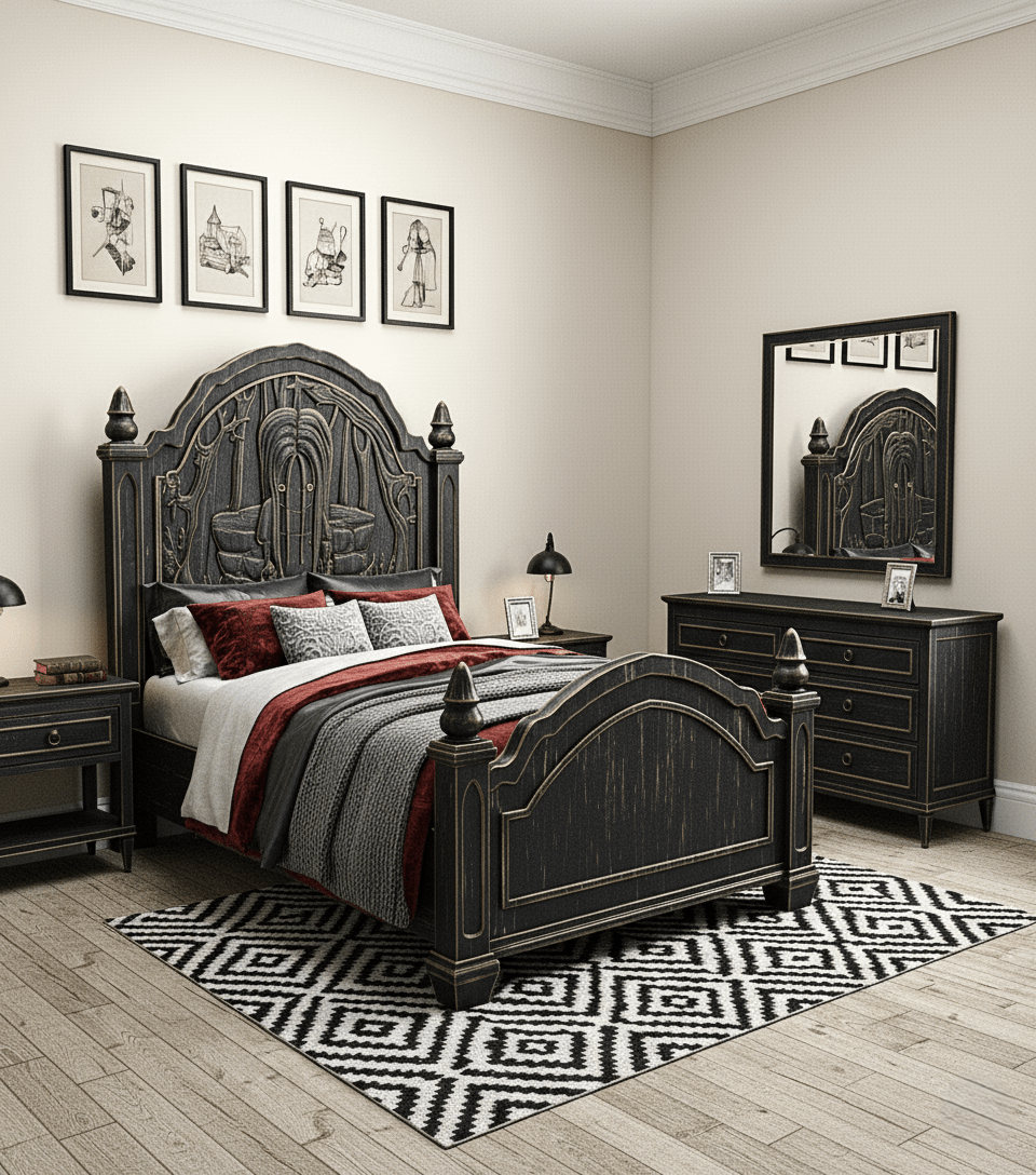 Dark Empress Gothic Hand - Carved wooden Platform Bed – handcrafted solid wood furniture