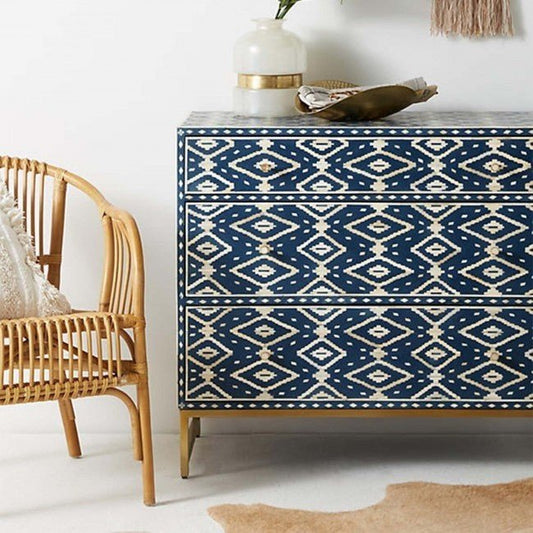 Diamond Bone Inlay Chest of 3 Drawers Dresser – handcrafted solid wood furniture