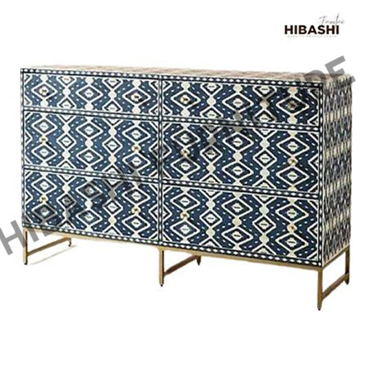 Diamond Bone Inlay Chest of 6 Drawers Dresser – handcrafted solid wood furniture