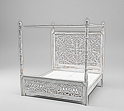 Indian Hand-Carved Wood Canopy Platform Platform Bed Frame