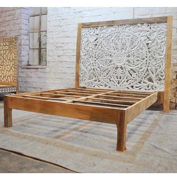 Dynasty Carved Indian Solid Wooden Bed Frame Dual Tone – handcrafted solid wood furniture
