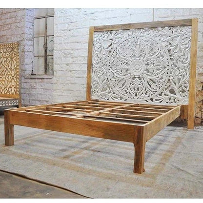 Dynasty Carved Indian Solid Wooden Bed Frame Dual Tone – handcrafted solid wood furniture
