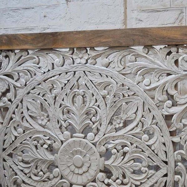 Dynasty Carved Indian Solid Wooden Bed Frame Dual Tone – handcrafted solid wood furniture