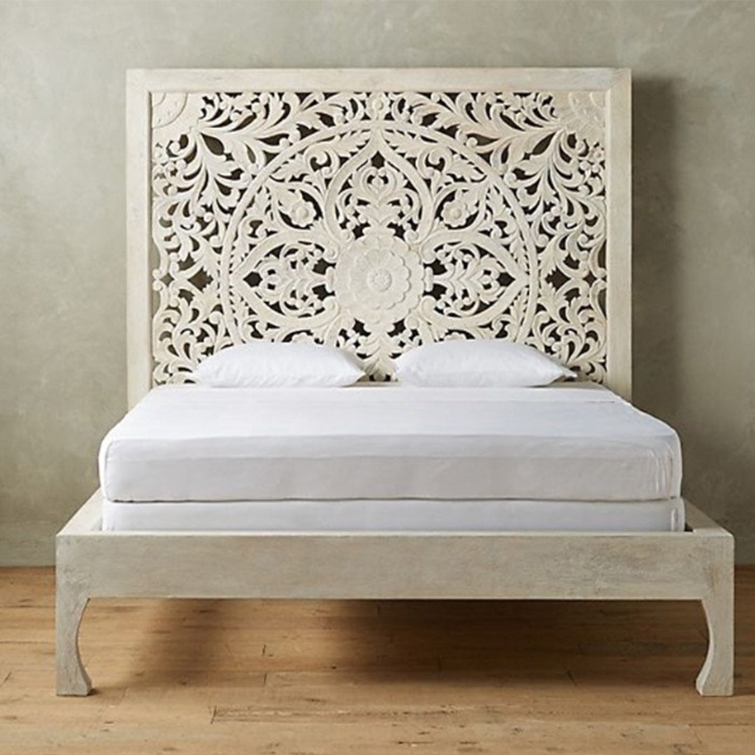 Dynasty Hand Carved Indian Solid Wooden Bed Frame White – handcrafted solid wood furniture