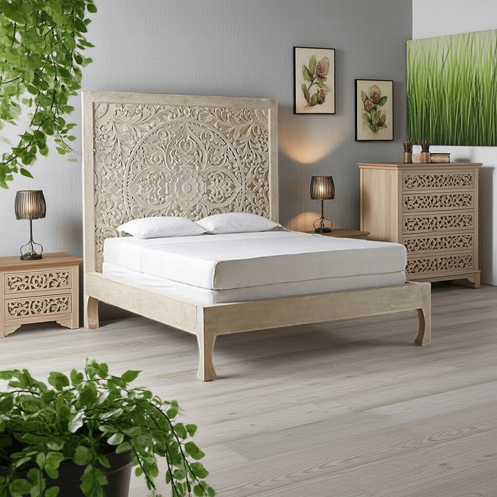 Dynasty hand carved Indian Solid wooden bed frame White – handcrafted solid wood furniture