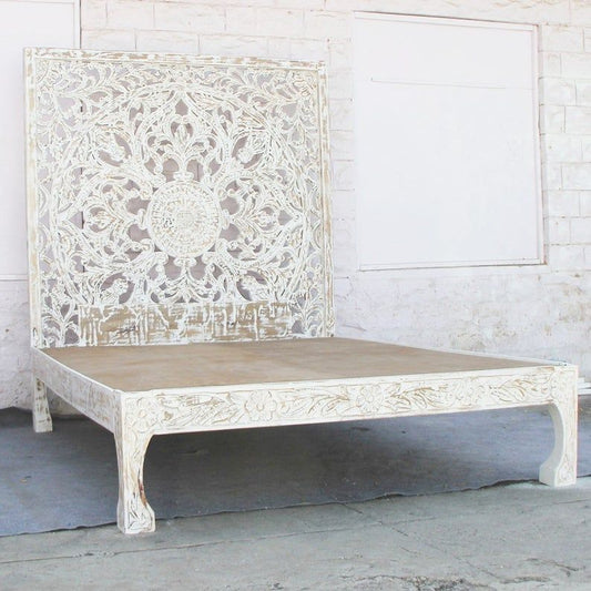 Dynasty hand carved Indian Solid wooden Nadia bed frame White – handcrafted solid wood furniture