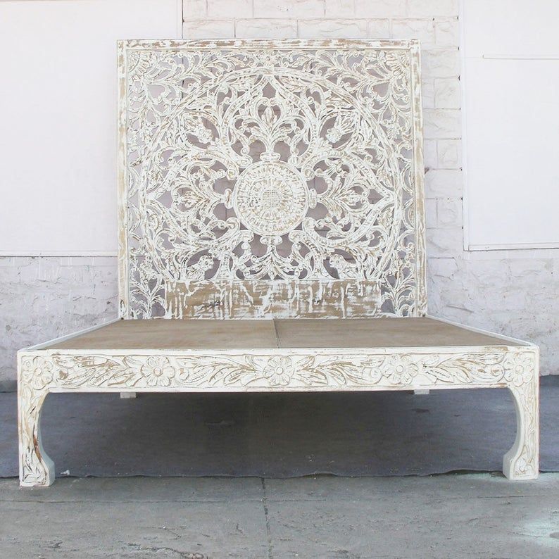 Dynasty hand carved Indian Solid wooden Nadia bed frame White – handcrafted solid wood furniture