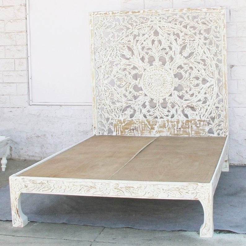 Dynasty hand carved Indian Solid wooden Nadia bed frame White – handcrafted solid wood furniture