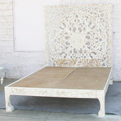 Dynasty hand carved Indian Solid wooden Nadia bed frame White – handcrafted solid wood furniture