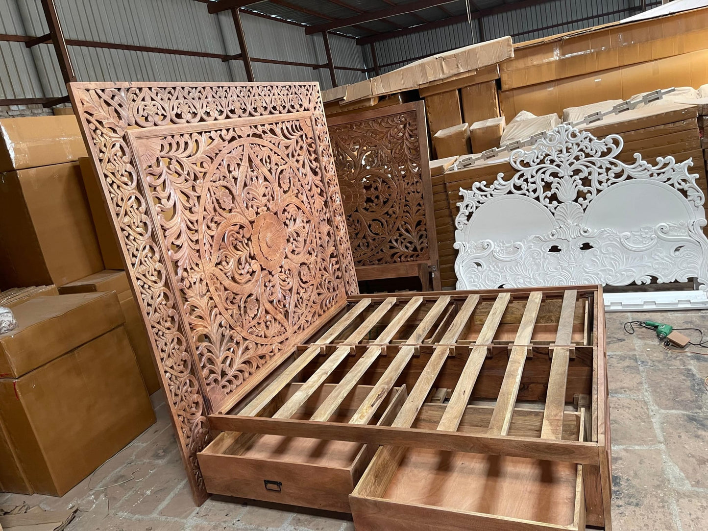 Dynasty Hand Carved Wooden Jody Bed Frame With Storage Drawers – handcrafted solid wood furniture