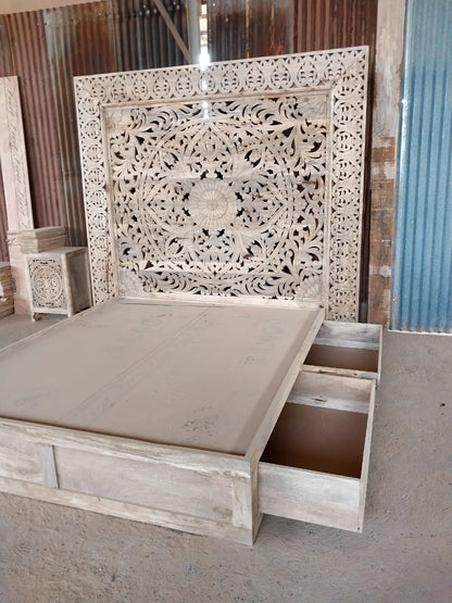 Dynasty Hand Carved Wooden Jody Bed Frame With Storage Drawers – handcrafted solid wood furniture
