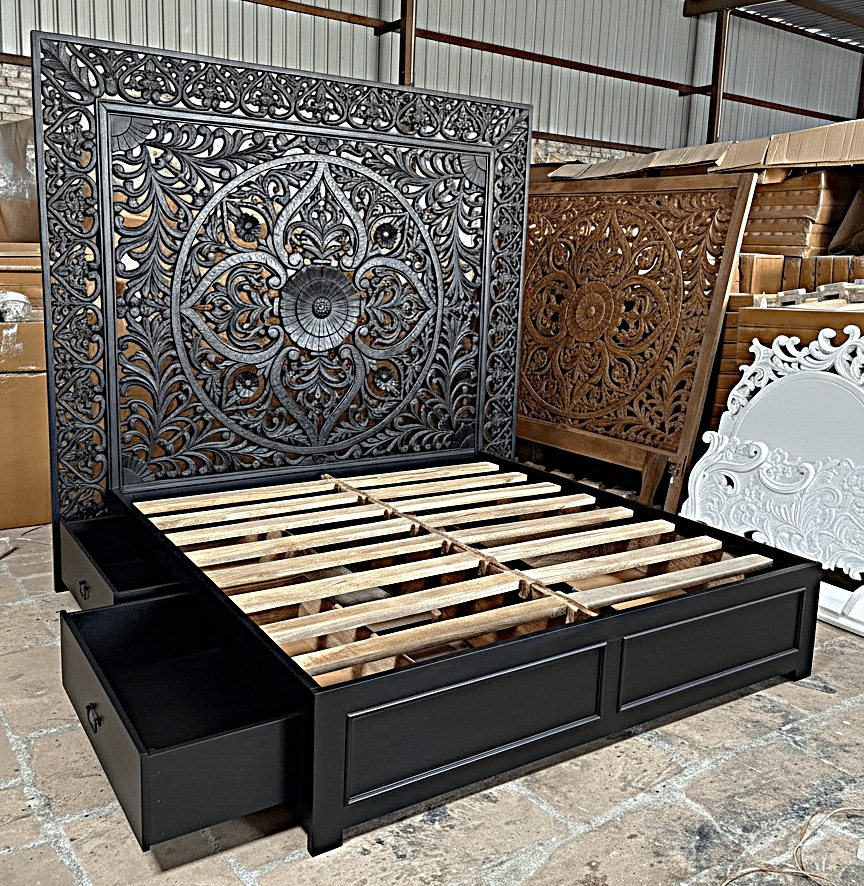Dynasty Hand Carved Wooden Jody Bed Frame With Storage Drawers – handcrafted solid wood furniture