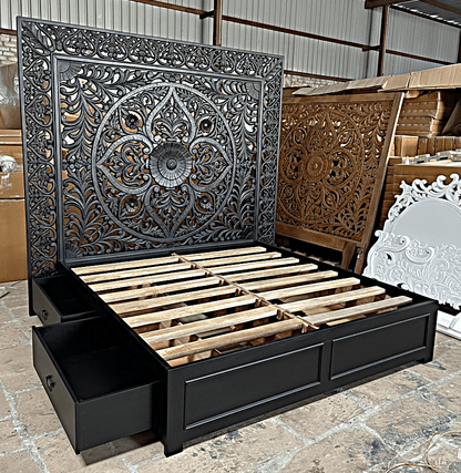 Dynasty Hand Carved Wooden Jody Bed Frame With Storage Drawers – handcrafted solid wood furniture